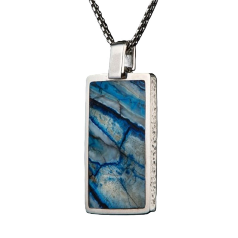 William Henry ‘Blue Mammoth Shift’  Mini Dog Tag Showcases Fossil Wooly Mammoth Tooth (6000+ Years Old) Inlaid Into Sterling Silver  With A Satin Finished Engraving Panel On The Reverse Side